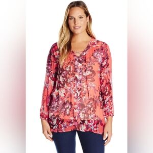 Lucky Brand Semi Sheer Tunic Blouse Coral Red Popover Lace Up V Neck Top 1X